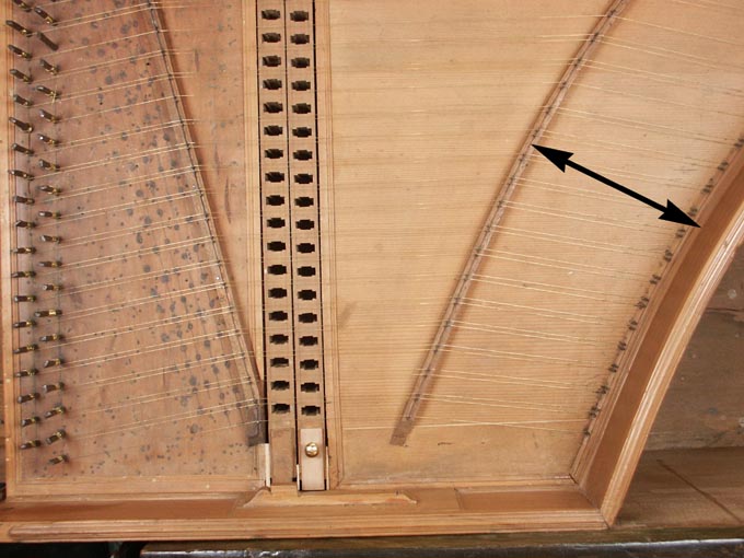 Soundboard bridge position, single-manual harpsichord by Onofiro Guarracino, Naples, c.1660
